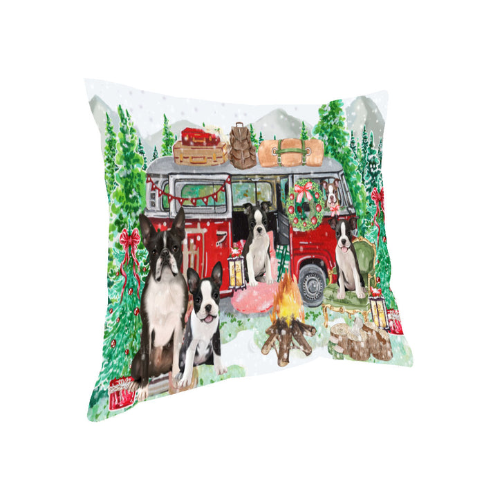 Christmas Time Camping with Boston Terrier Dogs Pillow with Top Quality High-Resolution Images - Ultra Soft Pet Pillows for Sleeping - Reversible & Comfort - Ideal Gift for Dog Lover - Cushion for Sofa Couch Bed - 100% Polyester