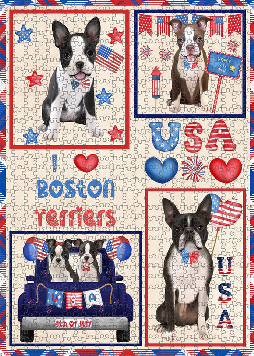 4th of July Independence Day I Love USA Boston Terrier Dogs Portrait Jigsaw Puzzle for Adults Animal Interlocking Puzzle Game Unique Gift for Dog Lover's with Metal Tin Box