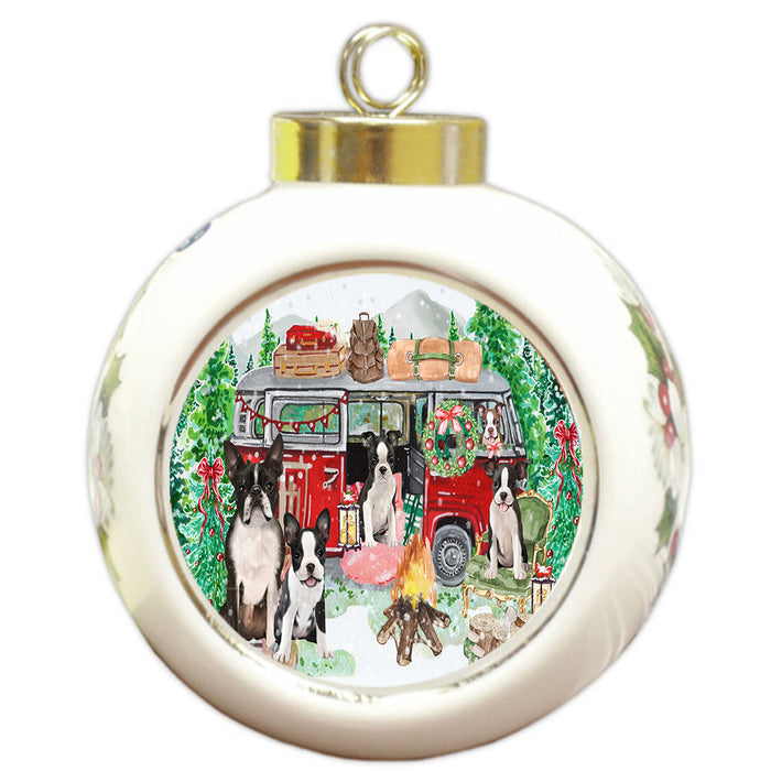 Christmas Time Camping with Boston Terrier Dogs Round Ball Christmas Ornament Pet Decorative Hanging Ornaments for Christmas X-mas Tree Decorations - 3" Round Ceramic Ornament