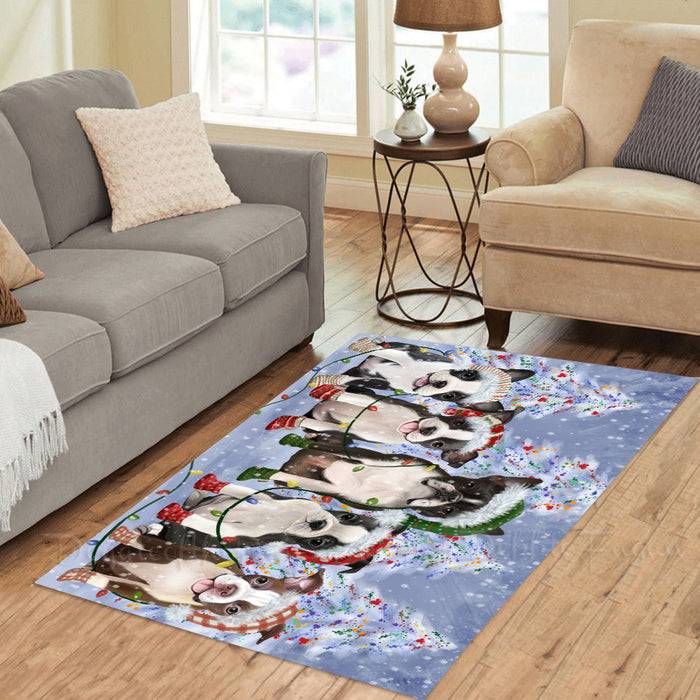 Christmas Lights and Boston Terrier Dogs Area Rug - Ultra Soft Cute Pet Printed Unique Style Floor Living Room Carpet Decorative Rug for Indoor Gift for Pet Lovers