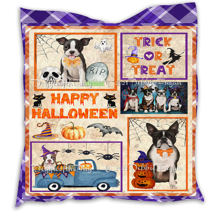 Happy Halloween Trick or Treat Pumpkin Boston Terrier Dogs Lightweight Soft Bedspread Coverlet Bedding Quilt QUILT60796