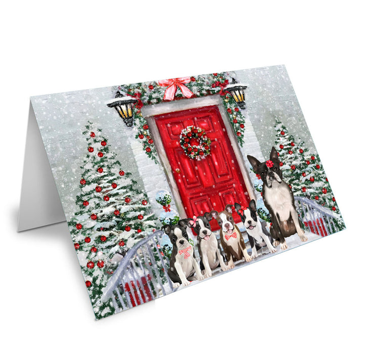 Christmas Holiday Welcome Boston Terrier Dog Handmade Artwork Assorted Pets Greeting Cards and Note Cards with Envelopes for All Occasions and Holiday Seasons