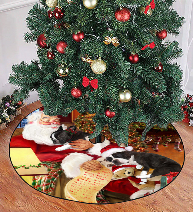 Santa Sleeping with Boston Terrier Dogs Christmas Tree Skirt