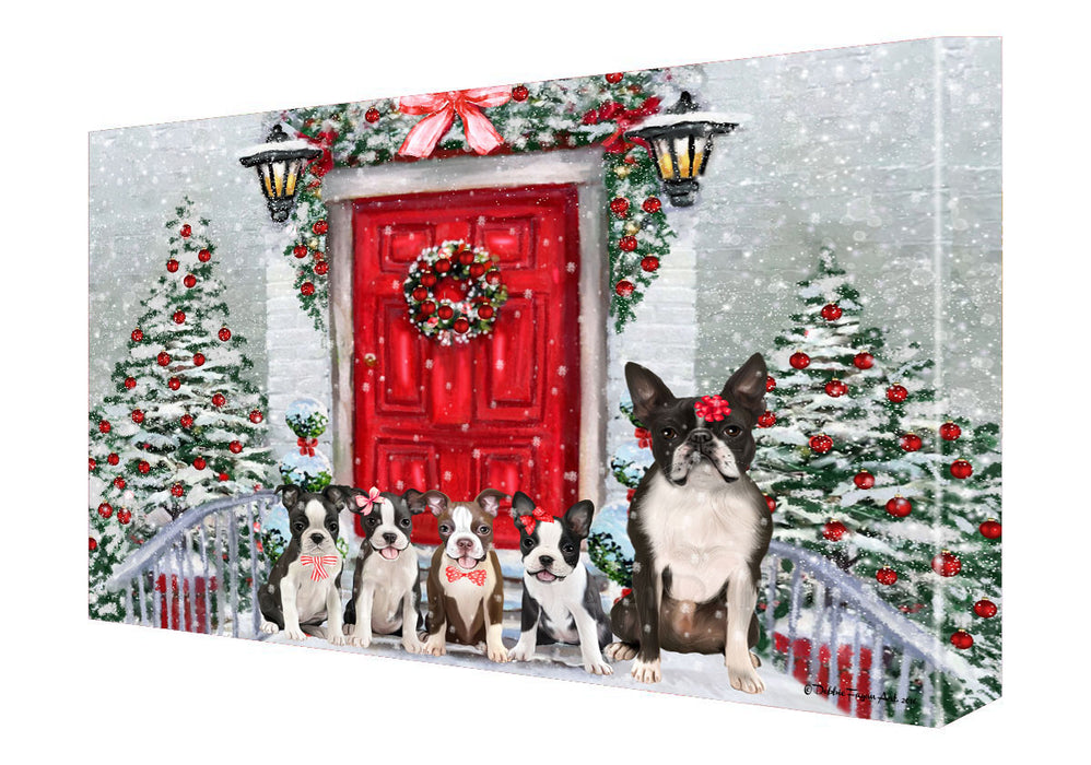 Christmas Holiday Welcome Boston Terrier Dogs Canvas Wall Art - Premium Quality Ready to Hang Room Decor Wall Art Canvas - Unique Animal Printed Digital Painting for Decoration
