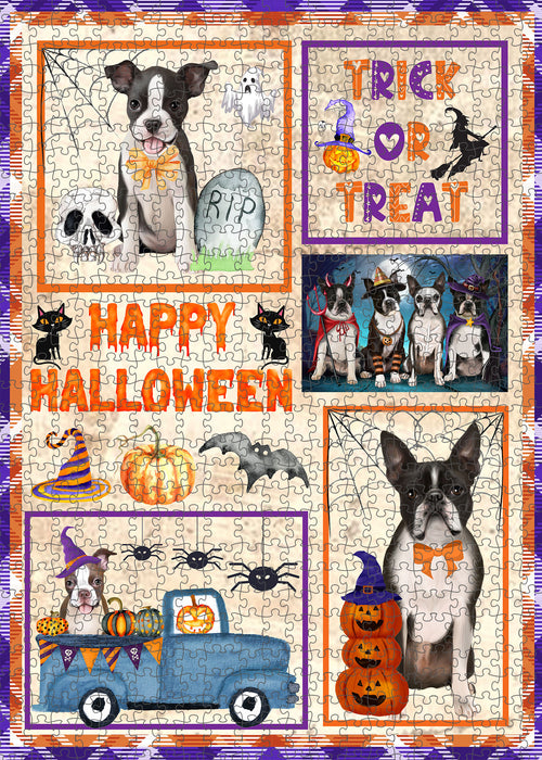 Happy Halloween Trick or Treat Boston Terrier Dogs Portrait Jigsaw Puzzle for Adults Animal Interlocking Puzzle Game Unique Gift for Dog Lover's with Metal Tin Box