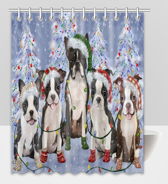 Christmas Lights and Boston Terrier Dogs Shower Curtain Pet Painting Bathtub Curtain Waterproof Polyester One-Side Printing Decor Bath Tub Curtain for Bathroom with Hooks