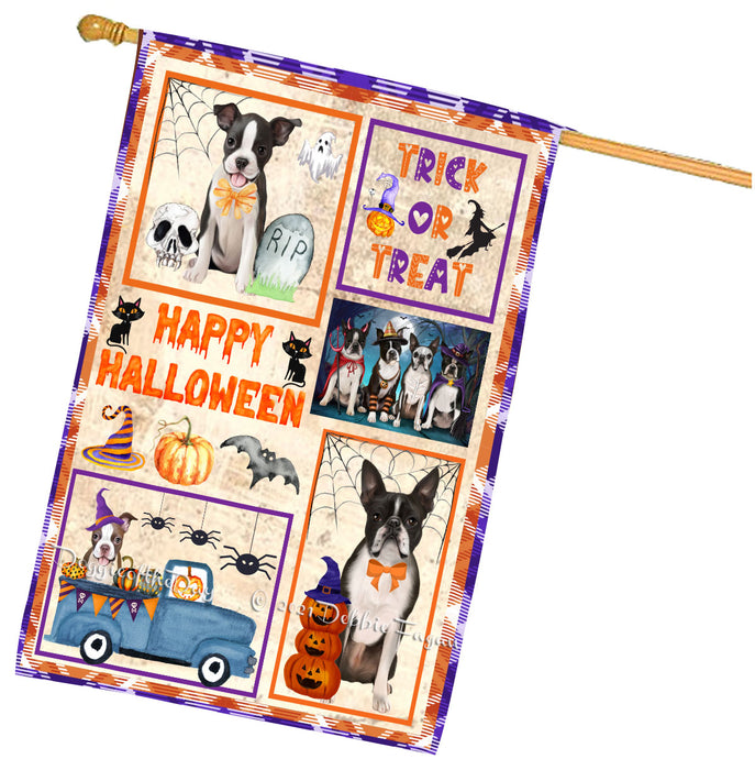 Happy Halloween Trick or Treat Boston Terrier Dogs House Flag Outdoor Decorative Double Sided Pet Portrait Weather Resistant Premium Quality Animal Printed Home Decorative Flags 100% Polyester