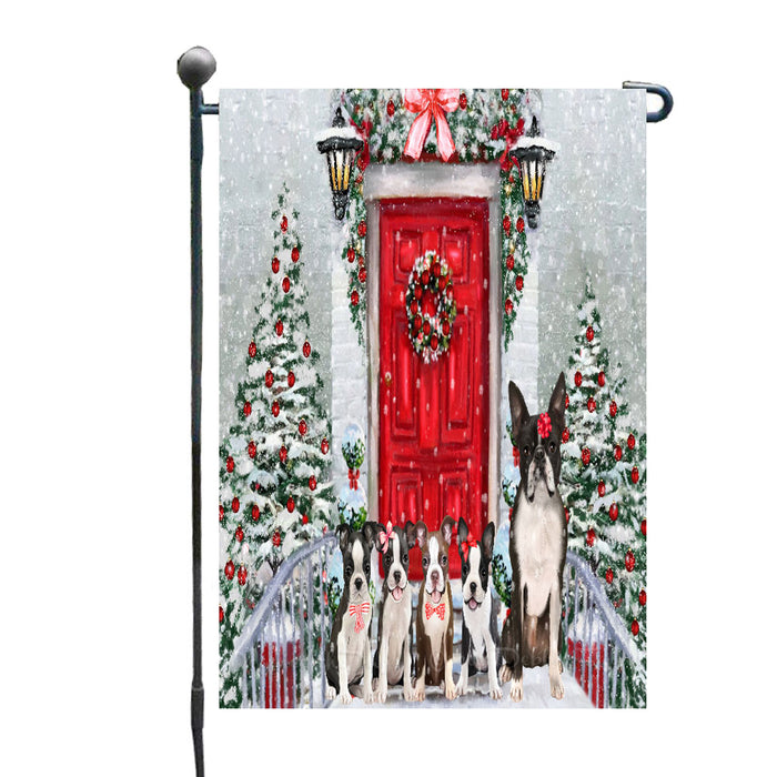 Christmas Holiday Welcome Boston Terrier Dogs Garden Flags- Outdoor Double Sided Garden Yard Porch Lawn Spring Decorative Vertical Home Flags 12 1/2"w x 18"h
