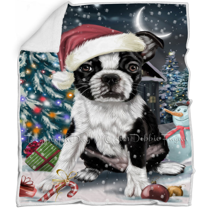 Have a Holly Jolly Christmas Boston Terrier Dog in Holiday Background Blanket D053