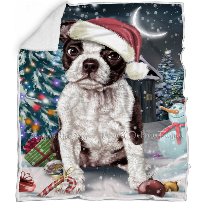 Have a Holly Jolly Christmas Boston Terrier Dog in Holiday Background Blanket D055