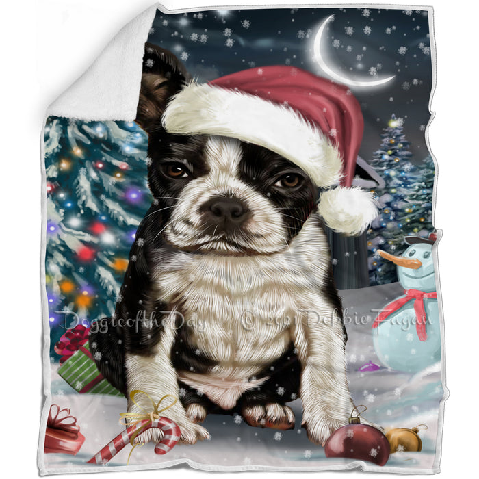 Have a Holly Jolly Christmas Boston Terrier Dog in Holiday Background Blanket D056