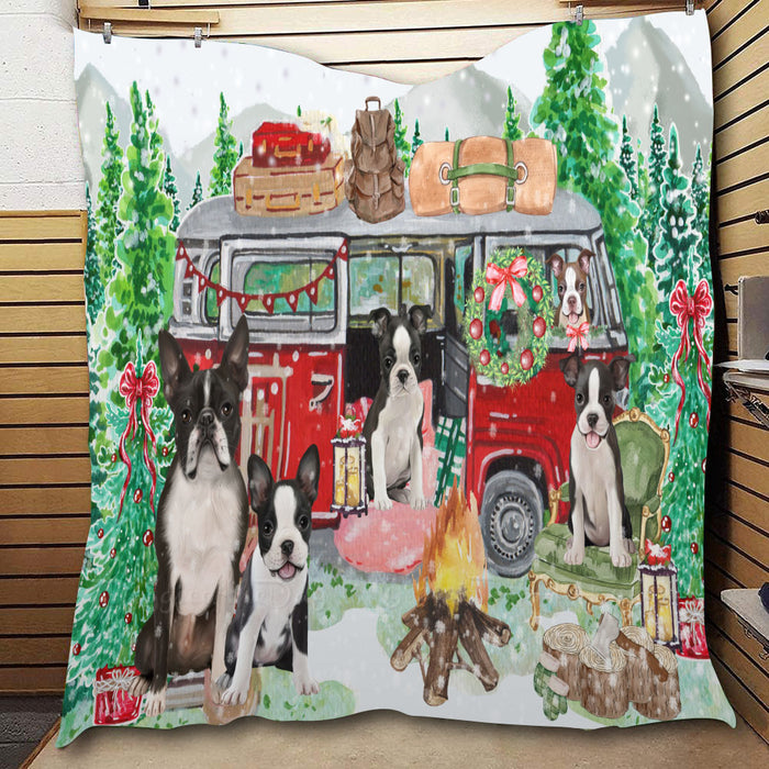 Christmas Time Camping with Boston Terrier Dogs  Quilt Bed Coverlet Bedspread - Pets Comforter Unique One-side Animal Printing - Soft Lightweight Durable Washable Polyester Quilt