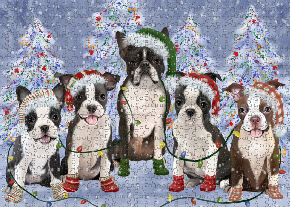 Christmas Lights and Boston Terrier Dogs Portrait Jigsaw Puzzle for Adults Animal Interlocking Puzzle Game Unique Gift for Dog Lover's with Metal Tin Box
