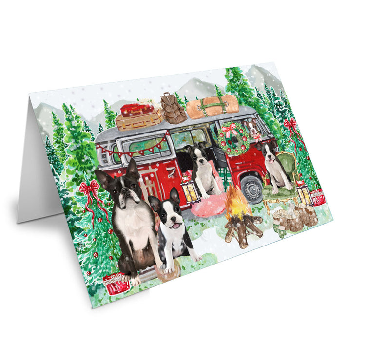 Christmas Time Camping with Boston Terrier Dogs Handmade Artwork Assorted Pets Greeting Cards and Note Cards with Envelopes for All Occasions and Holiday Seasons
