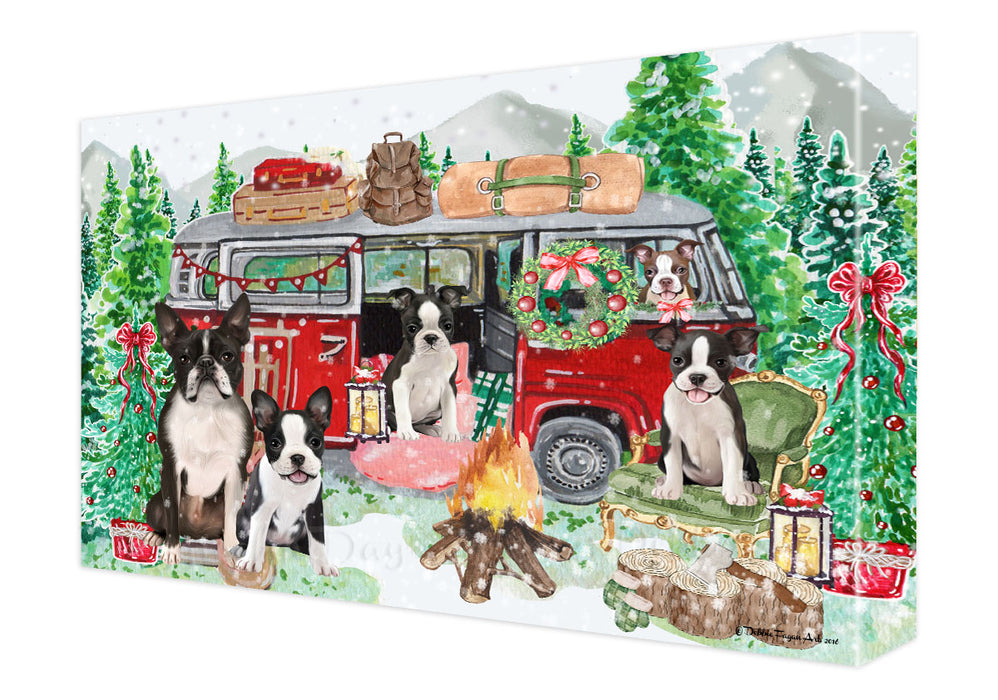 Christmas Time Camping with Boston Terrier Dogs Canvas Wall Art - Premium Quality Ready to Hang Room Decor Wall Art Canvas - Unique Animal Printed Digital Painting for Decoration
