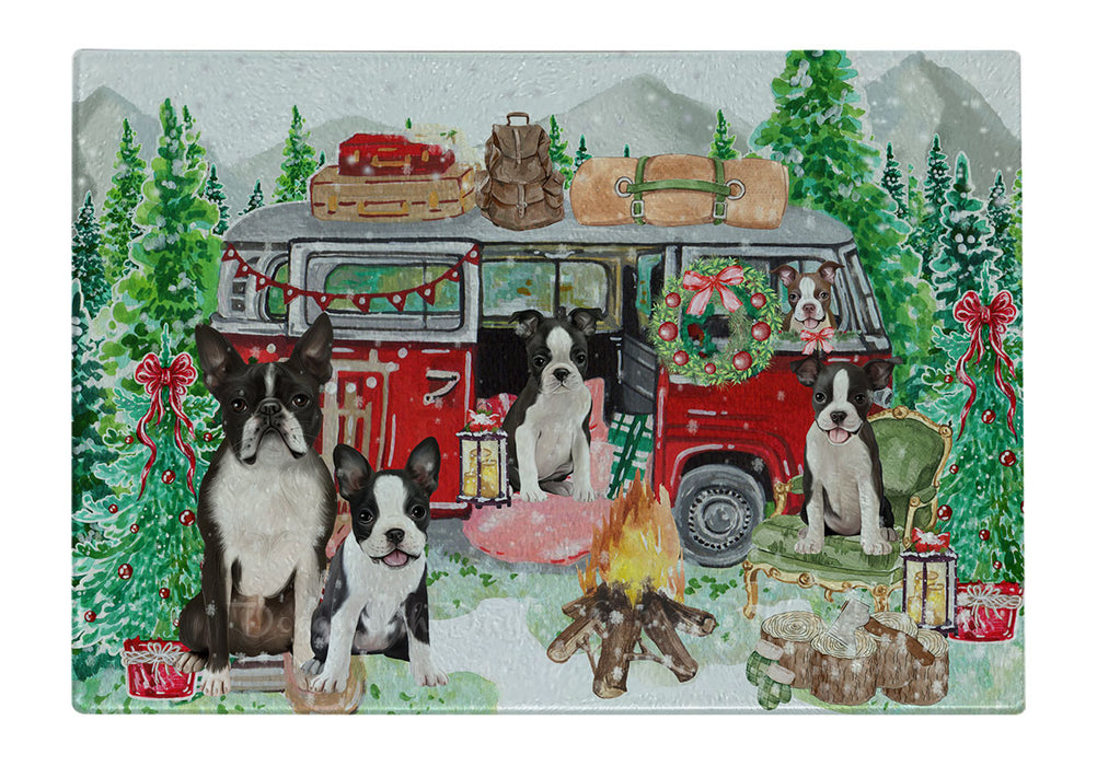 Christmas Time Camping with Boston Terrier Dogs Cutting Board - For Kitchen - Scratch & Stain Resistant - Designed To Stay In Place - Easy To Clean By Hand - Perfect for Chopping Meats, Vegetables