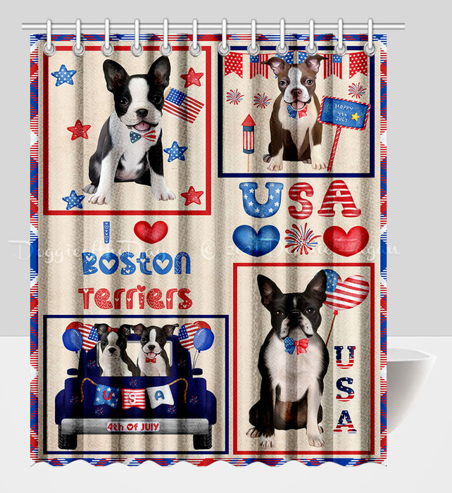 4th of July Independence Day I Love USA Boston Terrier Dogs Shower Curtain Pet Painting Bathtub Curtain Waterproof Polyester One-Side Printing Decor Bath Tub Curtain for Bathroom with Hooks
