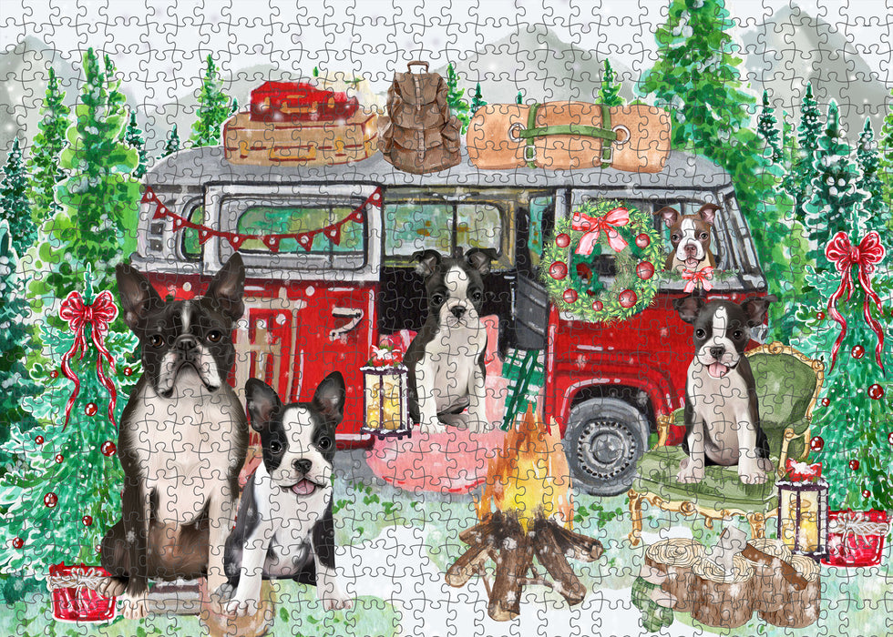 Christmas Time Camping with Boston Terrier Dogs Portrait Jigsaw Puzzle for Adults Animal Interlocking Puzzle Game Unique Gift for Dog Lover's with Metal Tin Box
