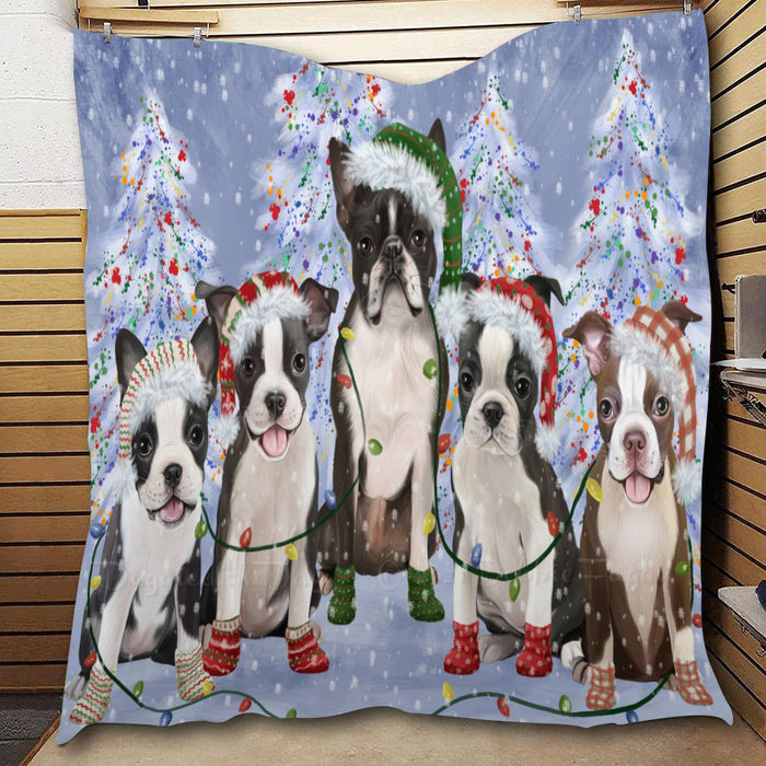 Christmas Lights and Boston Terrier Dogs  Quilt Bed Coverlet Bedspread - Pets Comforter Unique One-side Animal Printing - Soft Lightweight Durable Washable Polyester Quilt