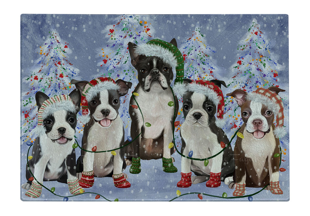 Christmas Lights and Boston Terrier Dogs Cutting Board - For Kitchen - Scratch & Stain Resistant - Designed To Stay In Place - Easy To Clean By Hand - Perfect for Chopping Meats, Vegetables