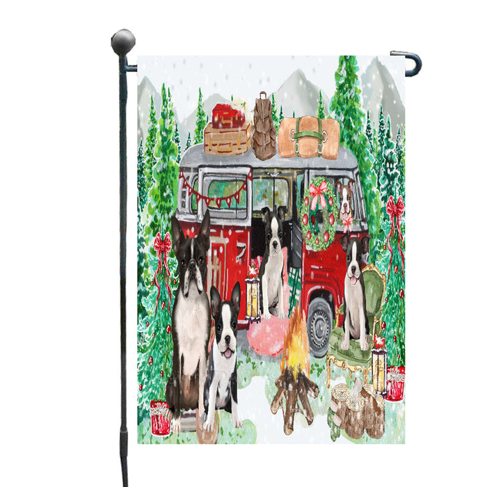 Christmas Time Camping with Boston Terrier Dogs Garden Flags- Outdoor Double Sided Garden Yard Porch Lawn Spring Decorative Vertical Home Flags 12 1/2"w x 18"h