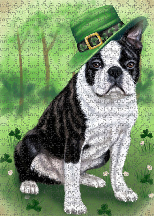 St. Patrick's Day Boston Terrier Dog Portrait Jigsaw Puzzle for Adults Animal Interlocking Puzzle Game Unique Gift for Dog Lover's with Metal Tin Box PZL1019