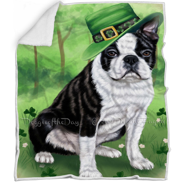 St. Patricks Day Irish Portrait Boston Terrier Dog Blanket BLNKT142323