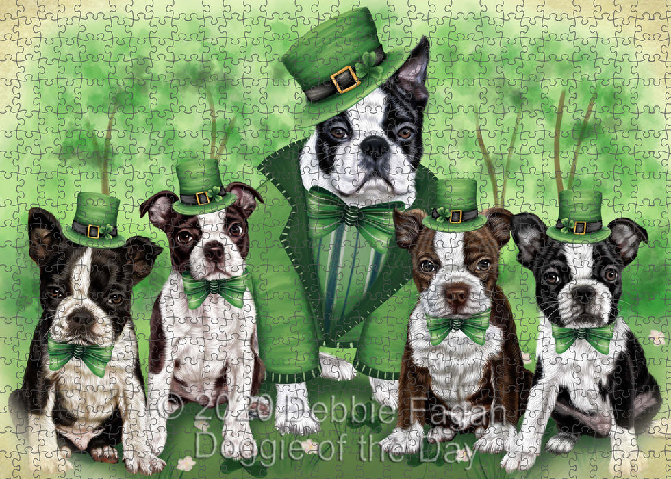 St. Patrick's Day Family Boston Terrier Dogs Portrait Jigsaw Puzzle for Adults Animal Interlocking Puzzle Game Unique Gift for Dog Lover's with Metal Tin Box