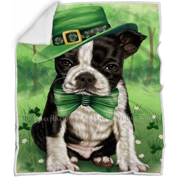 St. Patricks Day Irish Portrait Boston Terrier Dog Blanket BLNKT142325