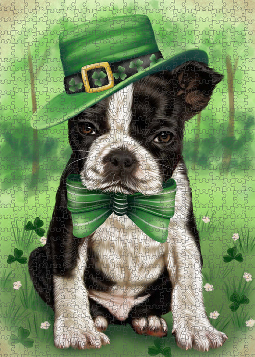 St. Patrick's Day Boston Terrier Dog Portrait Jigsaw Puzzle for Adults Animal Interlocking Puzzle Game Unique Gift for Dog Lover's with Metal Tin Box PZL1020