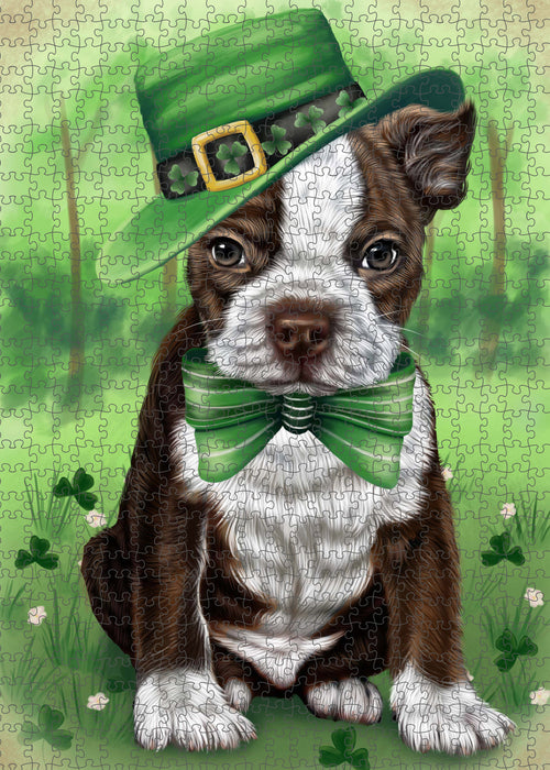 St. Patrick's Day Boston Terrier Dog Portrait Jigsaw Puzzle for Adults Animal Interlocking Puzzle Game Unique Gift for Dog Lover's with Metal Tin Box PZL1021