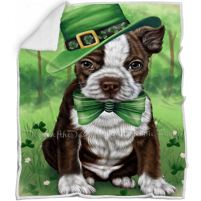 St. Patricks Day Irish Portrait Boston Terrier Dog Blanket BLNKT142326