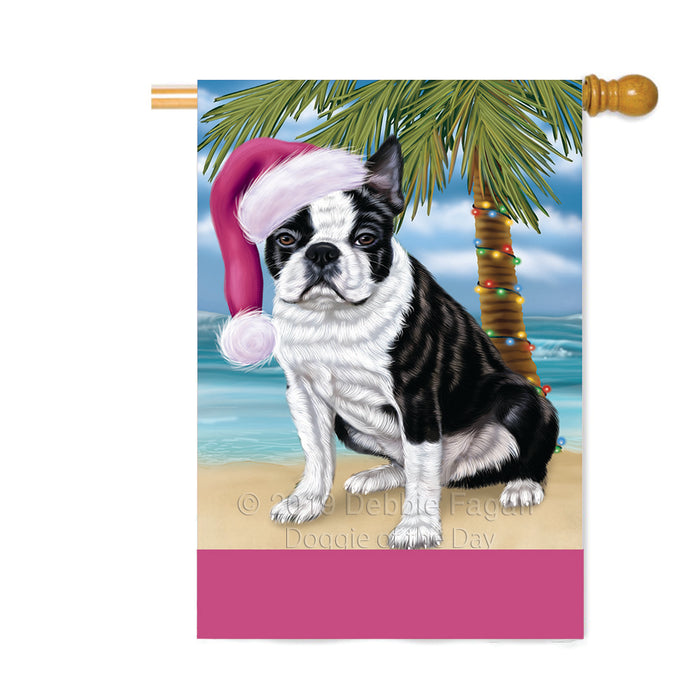 Personalized Summertime Happy Holidays Christmas Boston Terrier Dog on Tropical Island Beach Custom House Flag FLG-DOTD-A60480