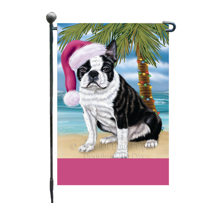 Personalized Summertime Happy Holidays Christmas Boston Terrier Dog on Tropical Island Beach  Custom Garden Flags GFLG-DOTD-A60424