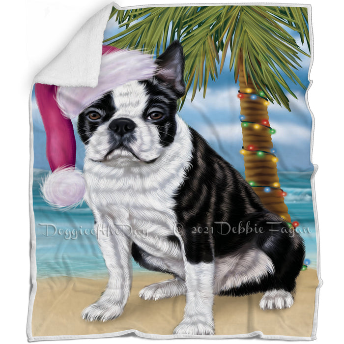 Summertime Happy Holidays Christmas Boston Terriers Dog on Tropical Island Beach Blanket