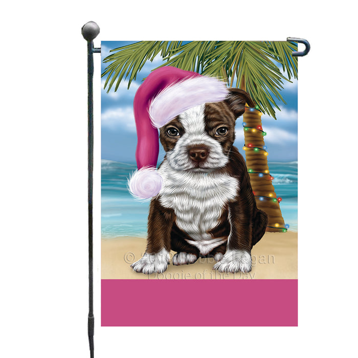 Personalized Summertime Happy Holidays Christmas Boston Terrier Dog on Tropical Island Beach  Custom Garden Flags GFLG-DOTD-A60425