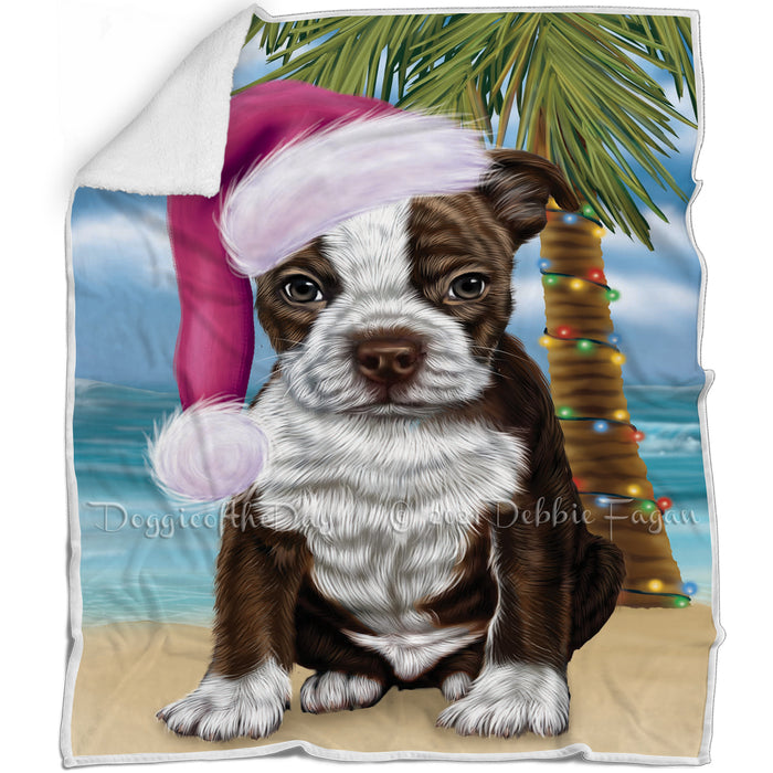 Summertime Happy Holidays Christmas Boston Terriers Dog on Tropical Island Beach Blanket