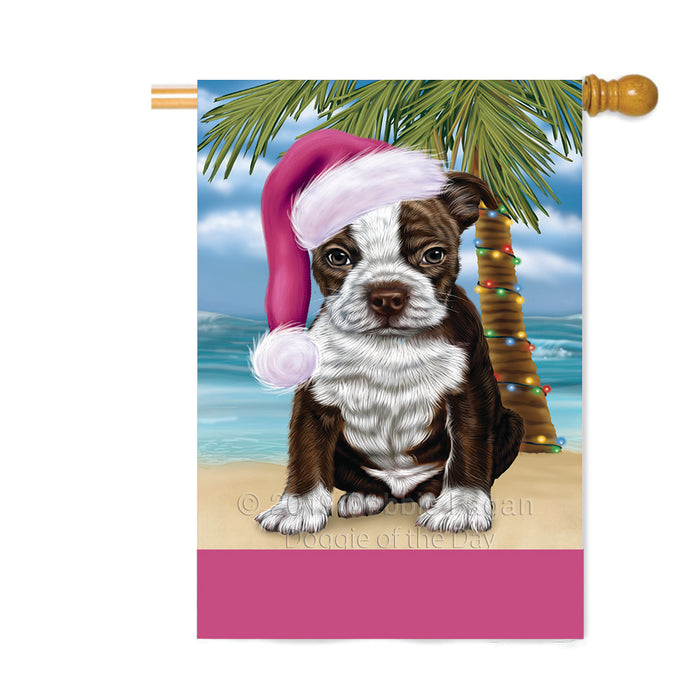 Personalized Summertime Happy Holidays Christmas Boston Terrier Dog on Tropical Island Beach Custom House Flag FLG-DOTD-A60481