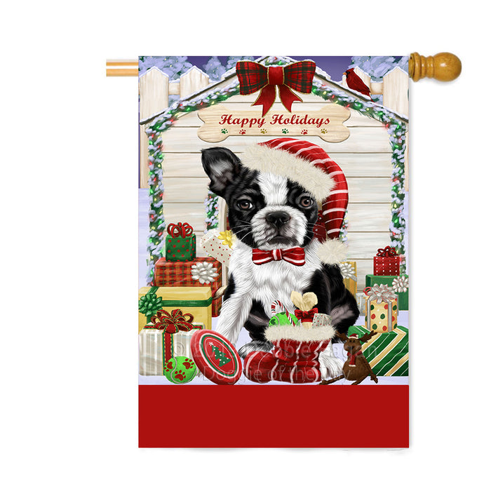 Personalized Happy Holidays Christmas Boston Terrier Dog House with Presents Custom House Flag FLG-DOTD-A59341