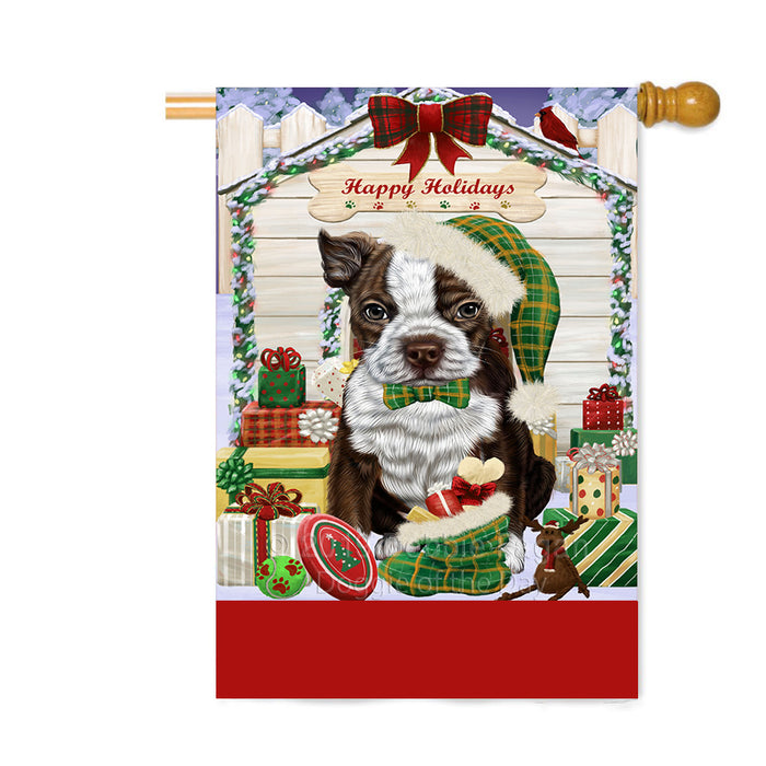 Personalized Happy Holidays Christmas Boston Terrier Dog House with Presents Custom House Flag FLG-DOTD-A59340
