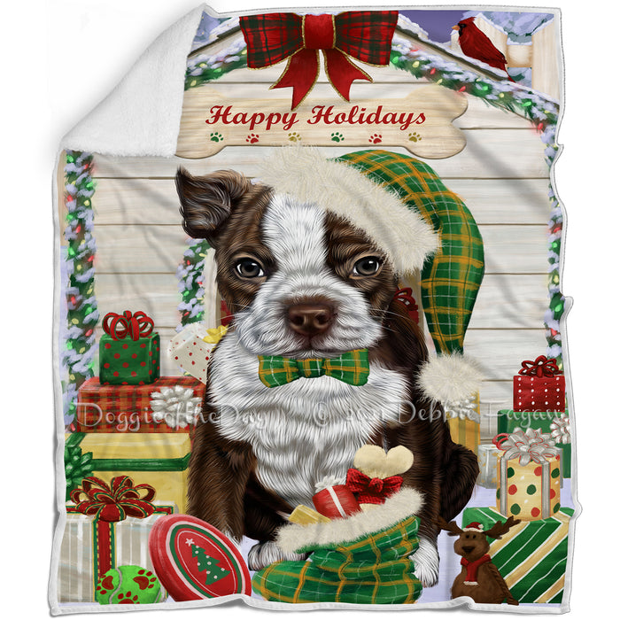 Happy Holidays Christmas Boston Terrier Dog House with Presents Blanket BLNKT78249