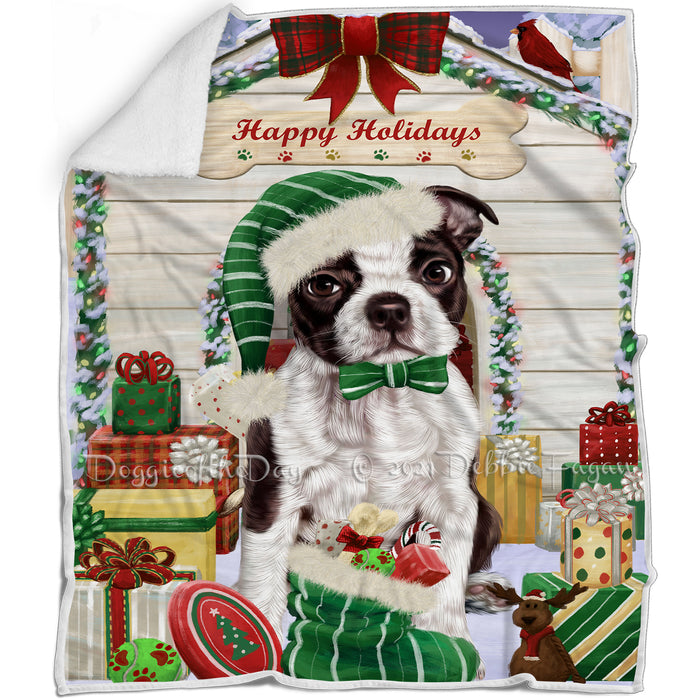 Happy Holidays Christmas Boston Terrier Dog House with Presents Blanket BLNKT78258