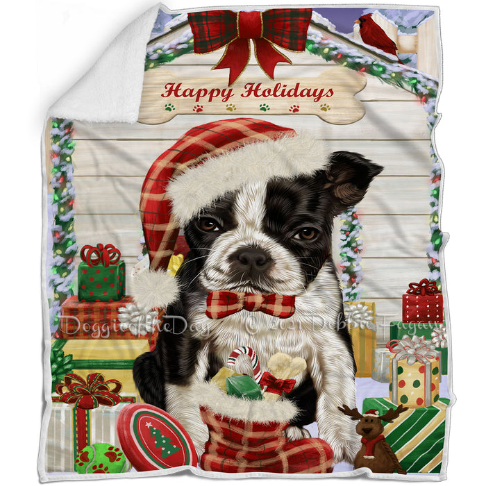 Happy Holidays Christmas Boston Terrier Dog House with Presents Blanket BLNKT78267