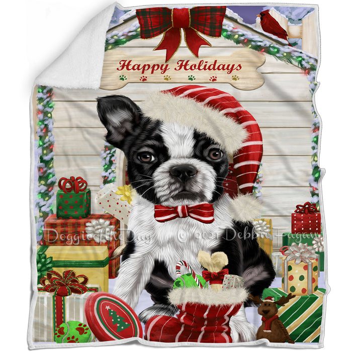Happy Holidays Christmas Boston Terrier Dog House with Presents Blanket BLNKT78276