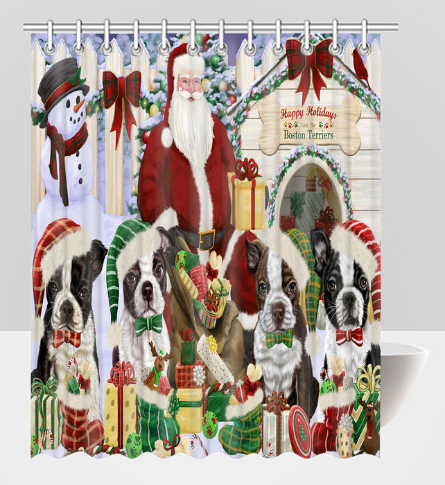 Happy Holidays Christmas Boston Terrier Dogs House Gathering Shower Curtain