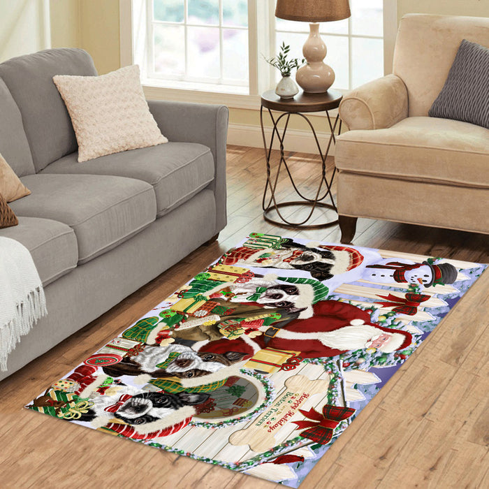 Happy Holidays Christma Boston Terrier Dogs House Gathering Area Rug