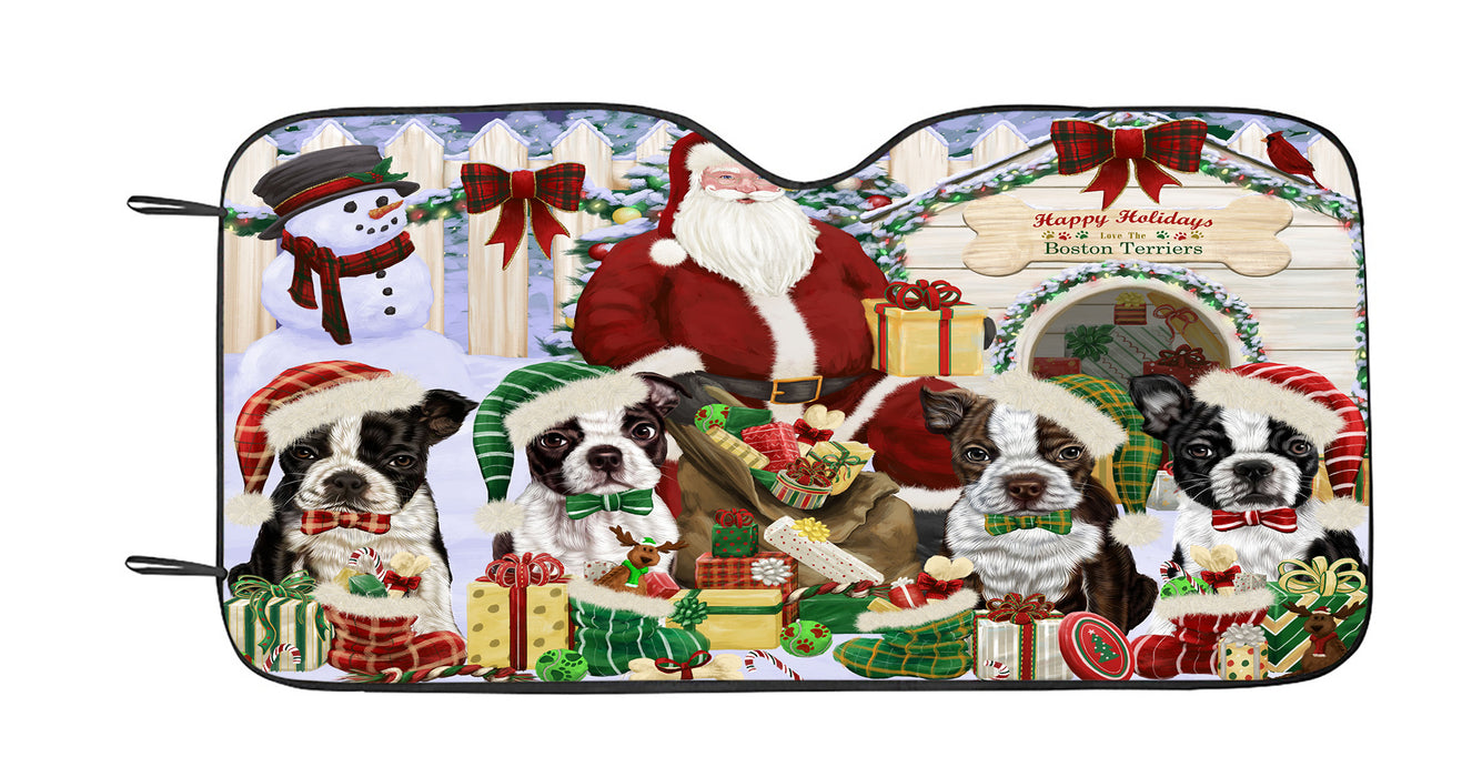 Happy Holidays Christmas Boston Terrier Dogs House Gathering Car Sun Shade