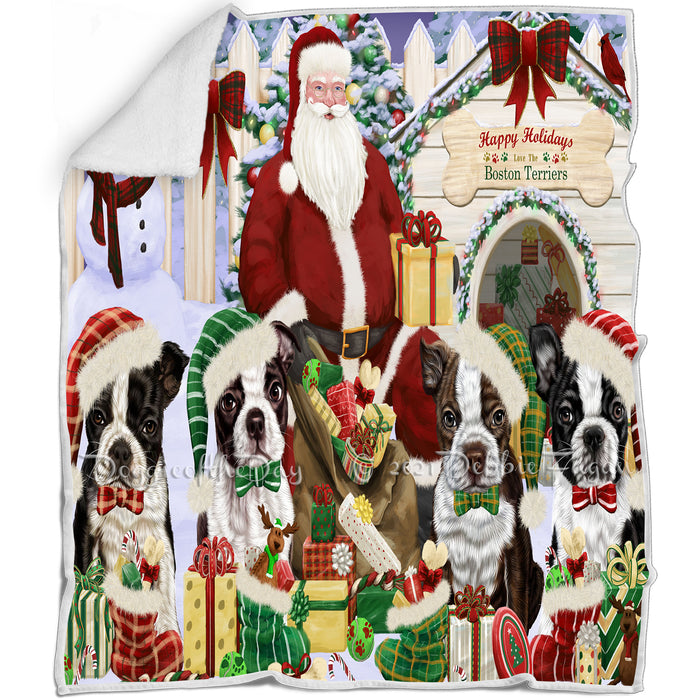 Happy Holidays Christmas Boston Terriers Dog House Gathering Blanket BLNKT77637