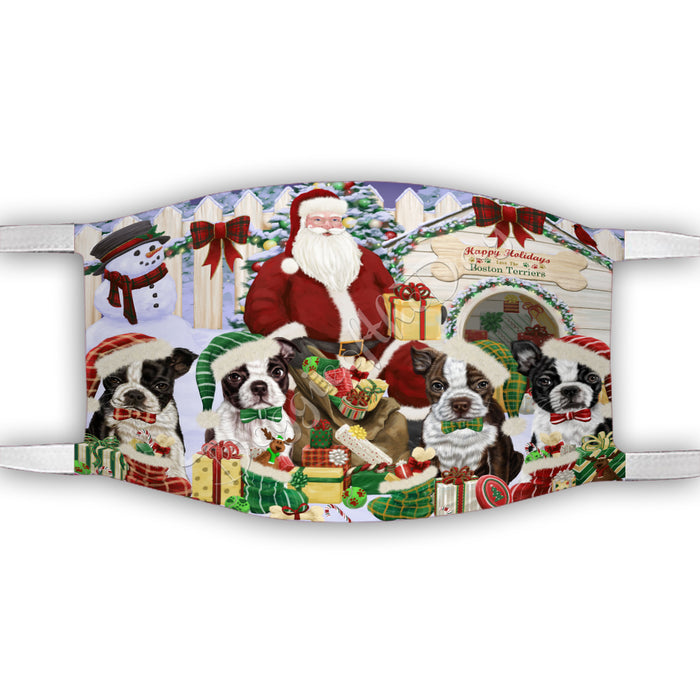 Happy Holidays Christmas Boston Terrier Dogs House Gathering Face Mask FM48228