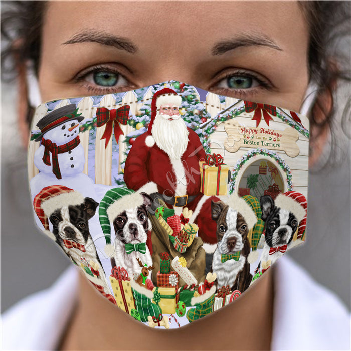 Happy Holidays Christmas Boston Terrier Dogs House Gathering Face Mask FM48228